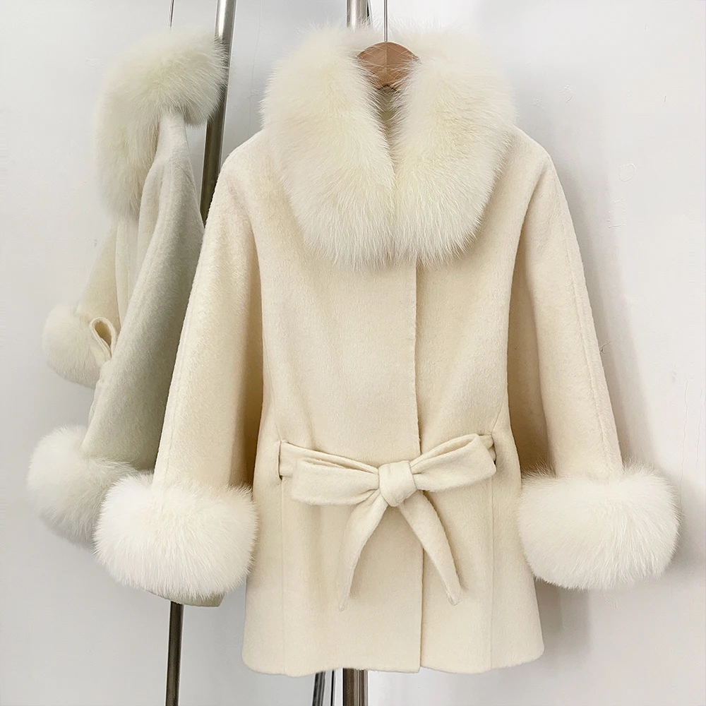 OFTBUY frauen Wolle Mantel Frau Echt Fox Pelz Woolen Jacke Frauen Jacke mit Pelz Femmes Lose Mantel Wraps Fledermaus Wolle mantel Weibliche