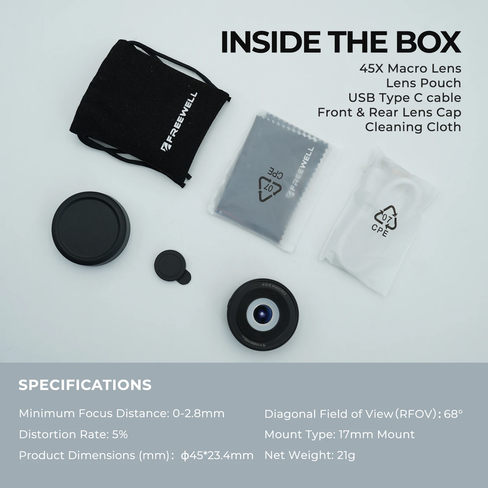 Freewell 45x Macro เลนส์ 17 มม.เคสโทรศัพท์อุปกรณ์เสริมกล้องกําลังขยายสูงการถ่ายภาพสํารวจ Micro Wonders