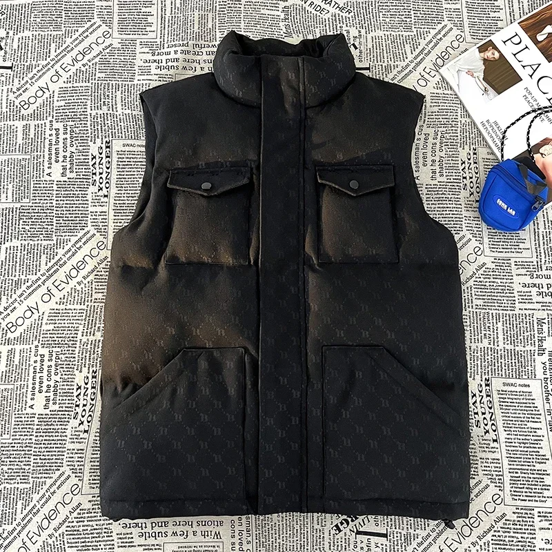 2024 Print Version Vest for Men Autumn and Winter New Stand Collar Down Cotton Sleeveless Jacket Slim and Handsome Youth Coat