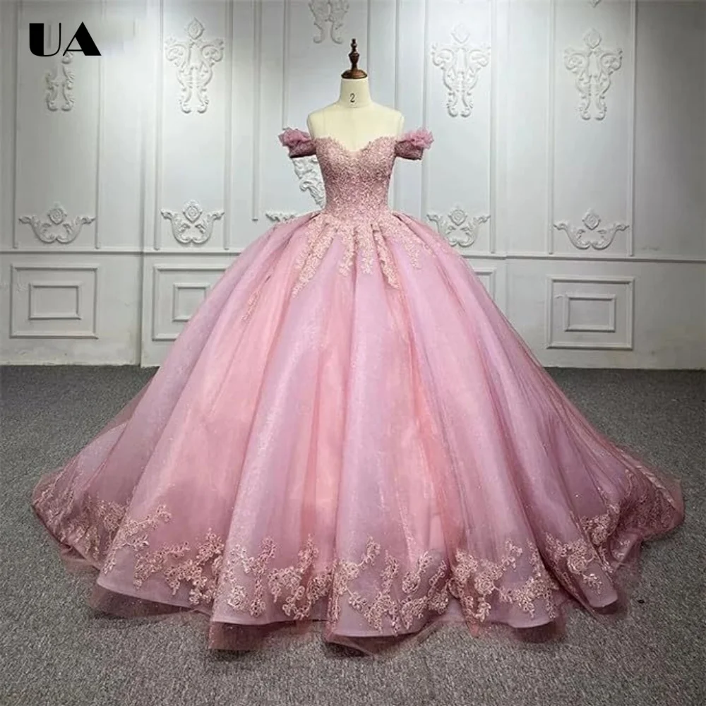 

ULBYANRY Customized A-line Off-the-shoulder Sweet 15 Dress Exquisite Appliques Quinceanera Dress Princess Style Mesh Ball Gown