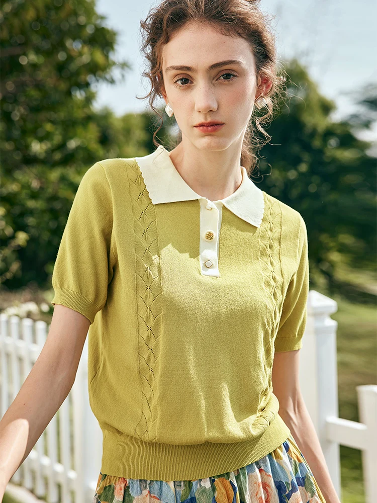 OLrain-Jersey de punto con cuello tipo Polo para mujer, Jersey informal de retazos con manga abombada, estilo francés, verano 2025, O23XZ69061