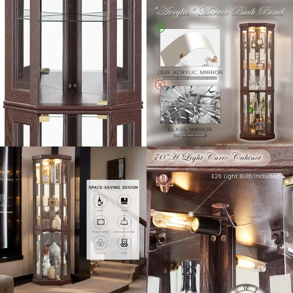 

Угловой витринный шкаф, 70 дюймов в высоту, с подсветкой, стеклянными дверцами из закаленного стекла и регулируемыми полками, лампочка в комплекте, винный бар