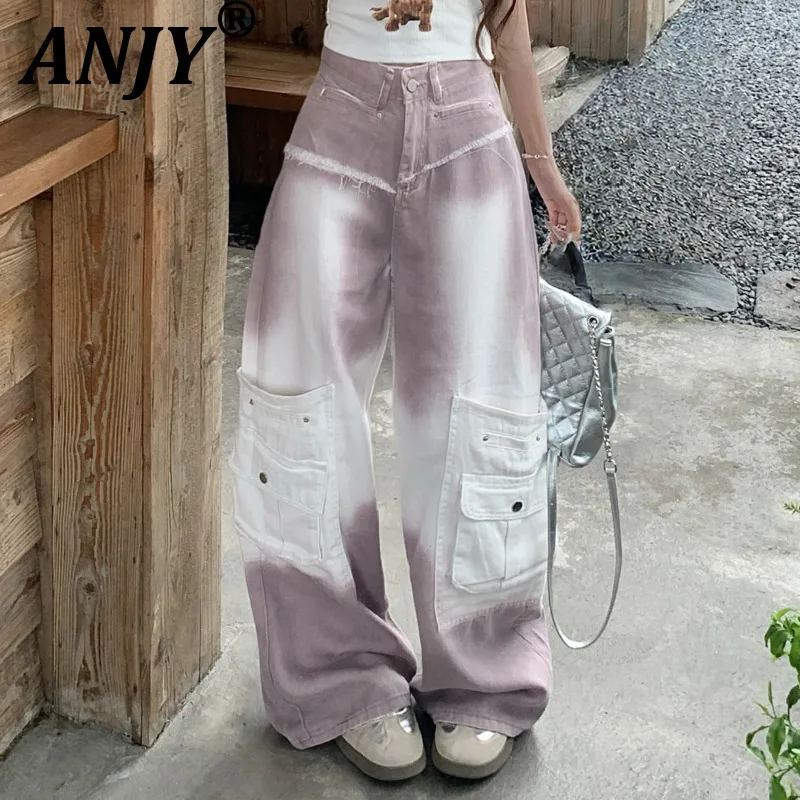 

ANJY Autumn New Woman Chic Cargo Jeans Tie-Dye Multi-pocket Straight American Retro Safari Style Casual Y2K Wide Leg Pants A8707
