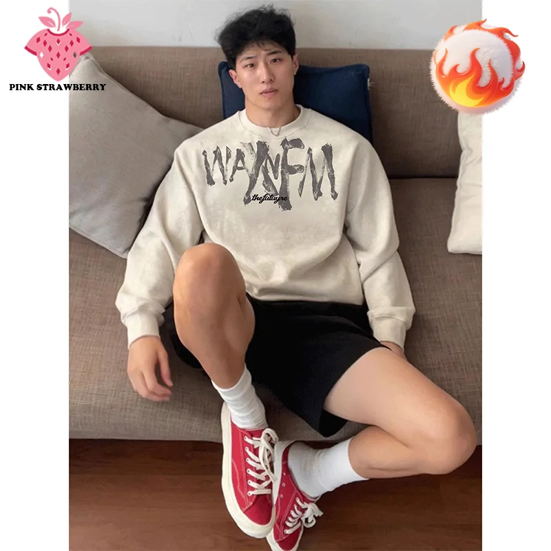 

American Letter Print Hoodie Men Autumn Winter 2025 New Oversize Cotton Long sleeves Plush Warm Sweatshirt Y2K Top mens clothing