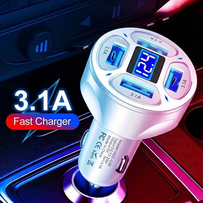 Multi-Port Car Adapter 4 USB Output With LED Digital Voltage Monitor Fireproof ABS Material Smart Protection For iPhone 17 16 15