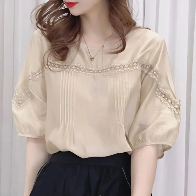 Vintage Blouse Women 2024 Camisas De Mujer Short Sleeve O-neck Patchwork Lace Chiffon Shirts Loose Solid Color Summer Tops 7n818