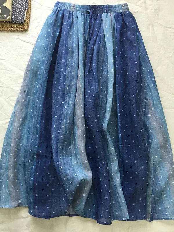 

Retro Starry Double Layer A-Line Midi Skirt Women's Artistic Lightweight Cotton Linen Blend Printed High Waist Skirt