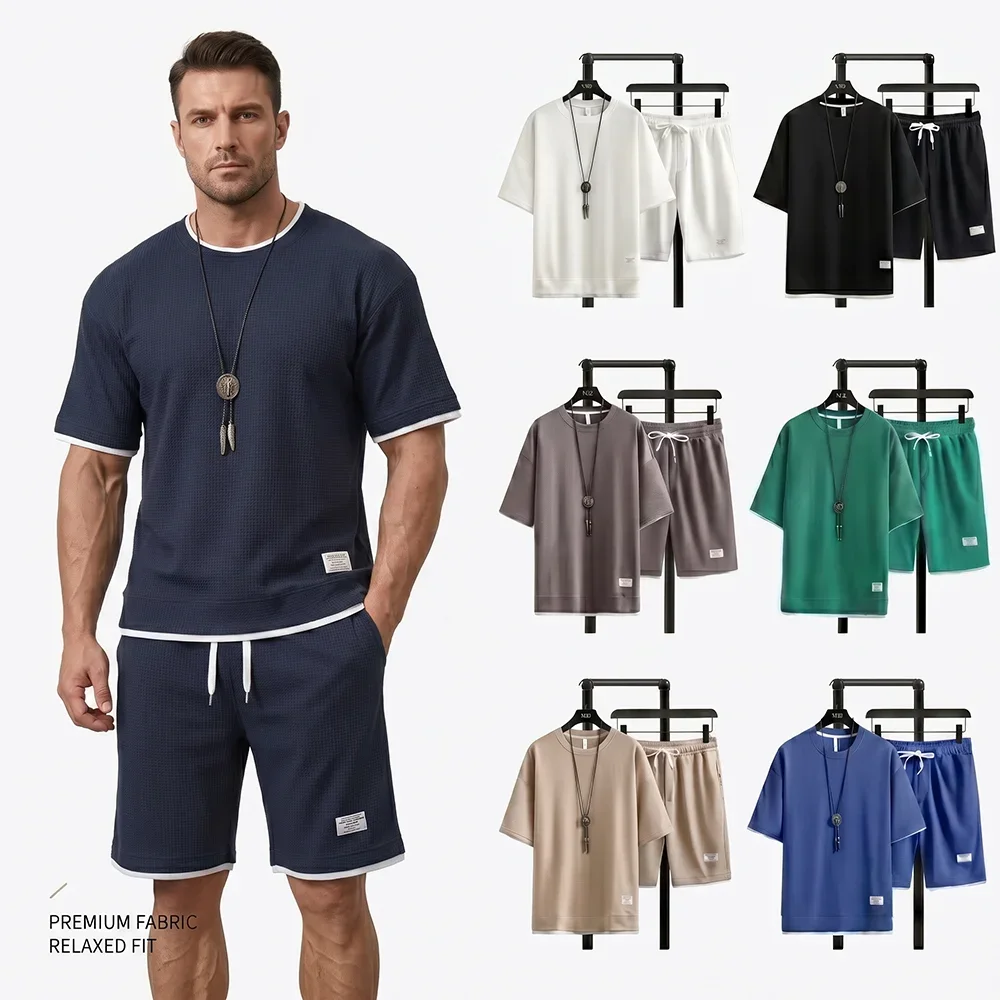 Summer Men's Waffle Knit Tracksuit Oversized Short Sleeve T-Shirt and Shorts Set Casual 2 Piece Suit Streetwear Sportswear