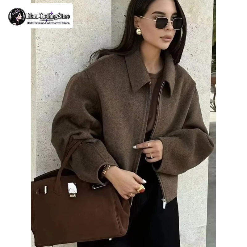 Chaqueta de lana con cremallera marrón de la marca HH Fashion para mujer, elegante, con solapa, manga larga, abrigo corto, estilo vintage, ideal para el otoño, prenda de vestir para la calle.