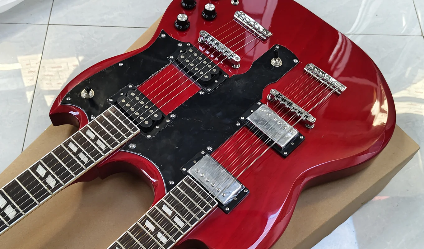 Red double-headed electric guitar solid mahogany body Rosewood fingerboard chrome-plated hardware Wine Red  Double Neck Electric