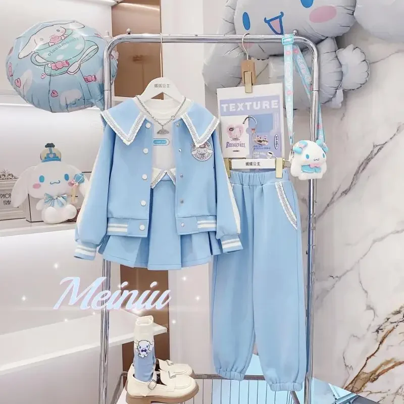 Anime Sanrioed Cinnamoroll Girls Fall Winter Fashion Suit Kids Baseball Jacket Pleated Skirt Pants Two Piece Korean Kids Clothes