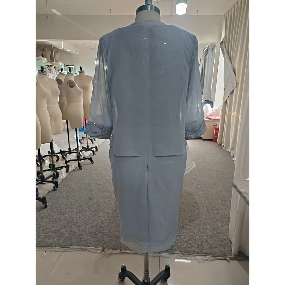 Customized Knee-Length Mother Of The Bride Dress With Jacket Lace Appliques Tiered Three Quarter Sleeve Chiffon Elegant Wedding