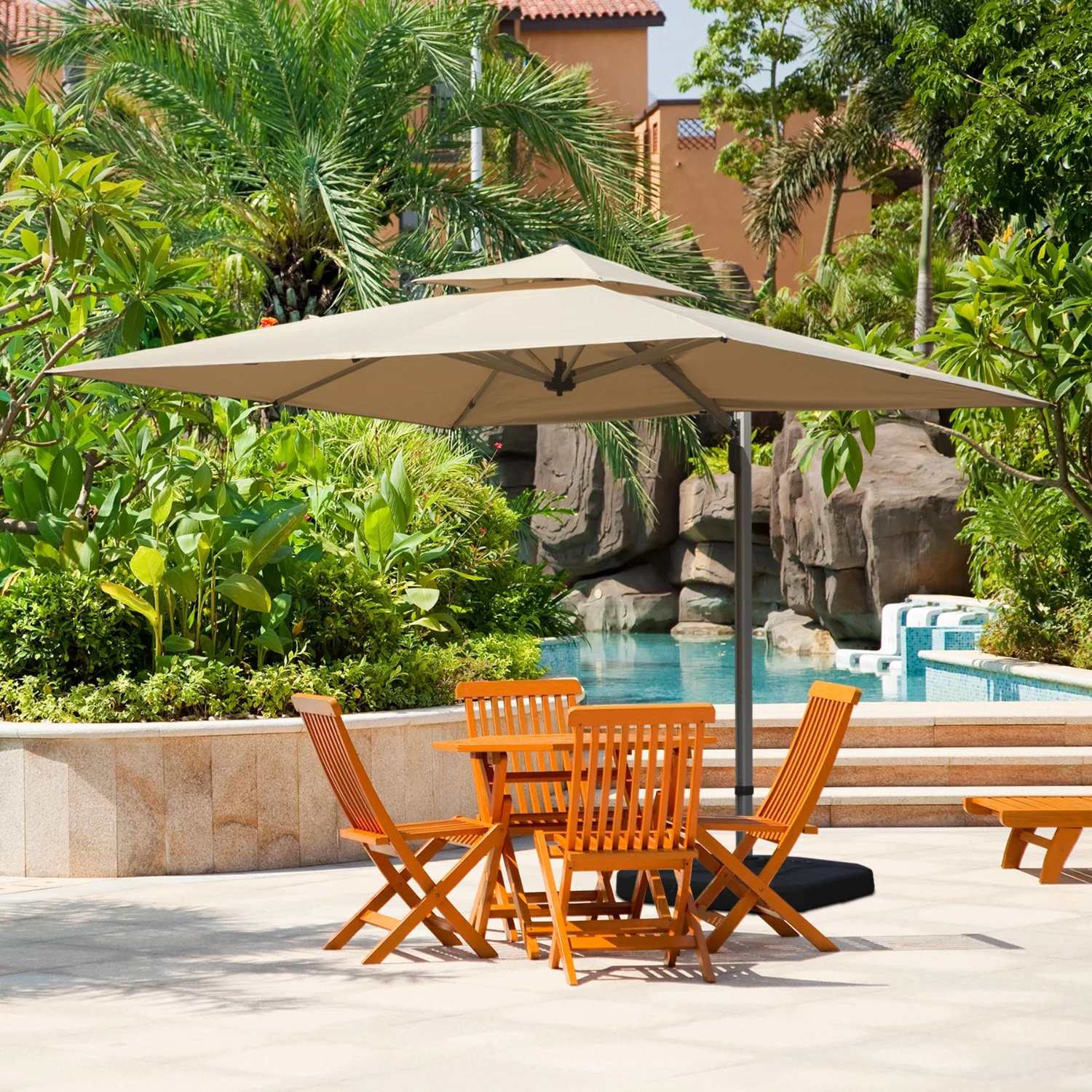 2.7*3.3M Rectangle Cantilever Patio Umbrella with Center Pole Elegant Outdoor Furniture & Base Set
