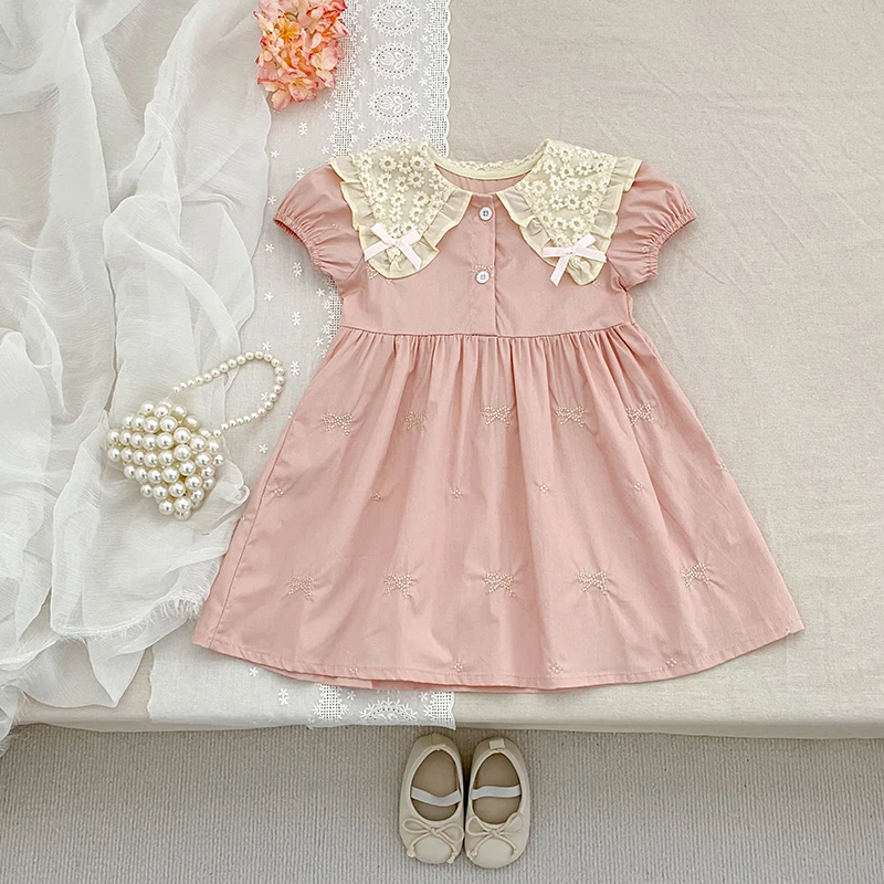 2023 sommer Baby Mädchen Kleid Rosa Baby Mädchen Kleidung Spitze Kragen Baumwolle Prinzessin Kleid Stickerei Bogen Kleinkind Baby Mädchen Kleid