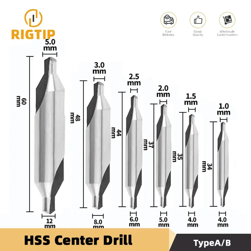 RIGTIP HSS Center Drill For Metal 6pcs A1 A2 A2.5 A3 A4 A5Drill Hole Centering Dril  M35 6542 Centering drill bit