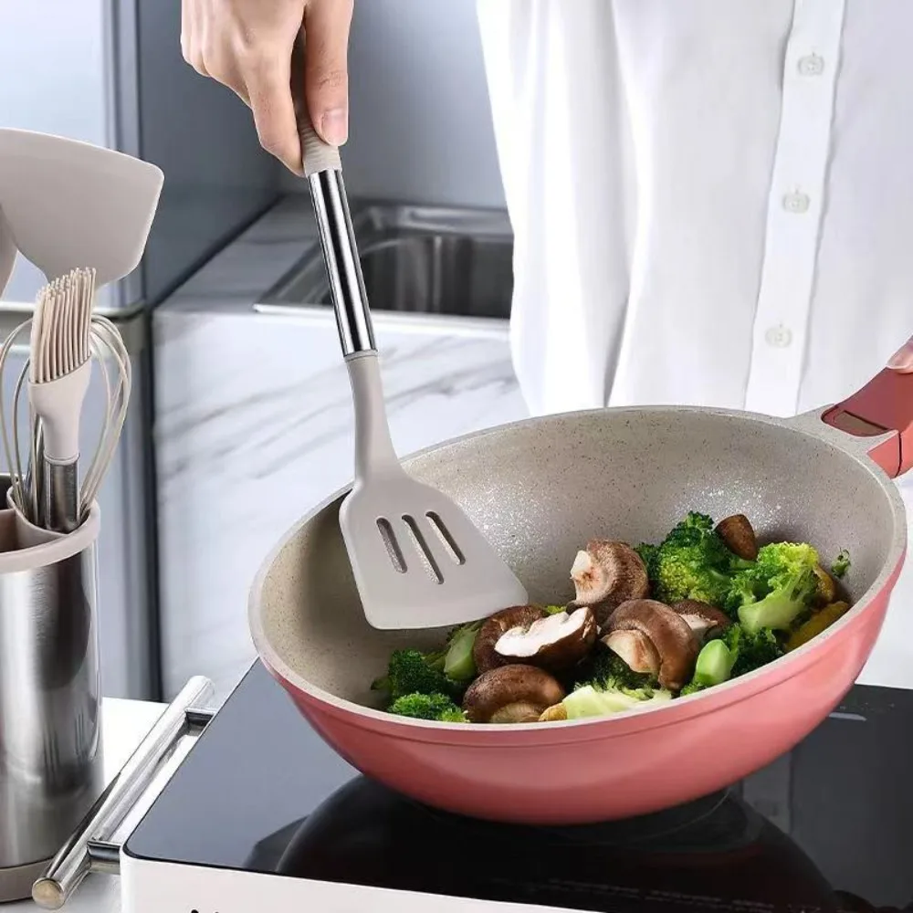 12PCS 360° Rotating Bucket Silicone Kitchen Utensils Set Stainless Steel Handle Anti-scald Silicone Kitchenware Set Non Stick