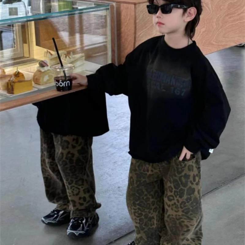 

Boys Sweatshirts +Pants Kids Suits 2PCS/Set Cotton 2024 Leopard Spring Autumn Cotton Jogging Suit Teenagers Christmas Gift Child