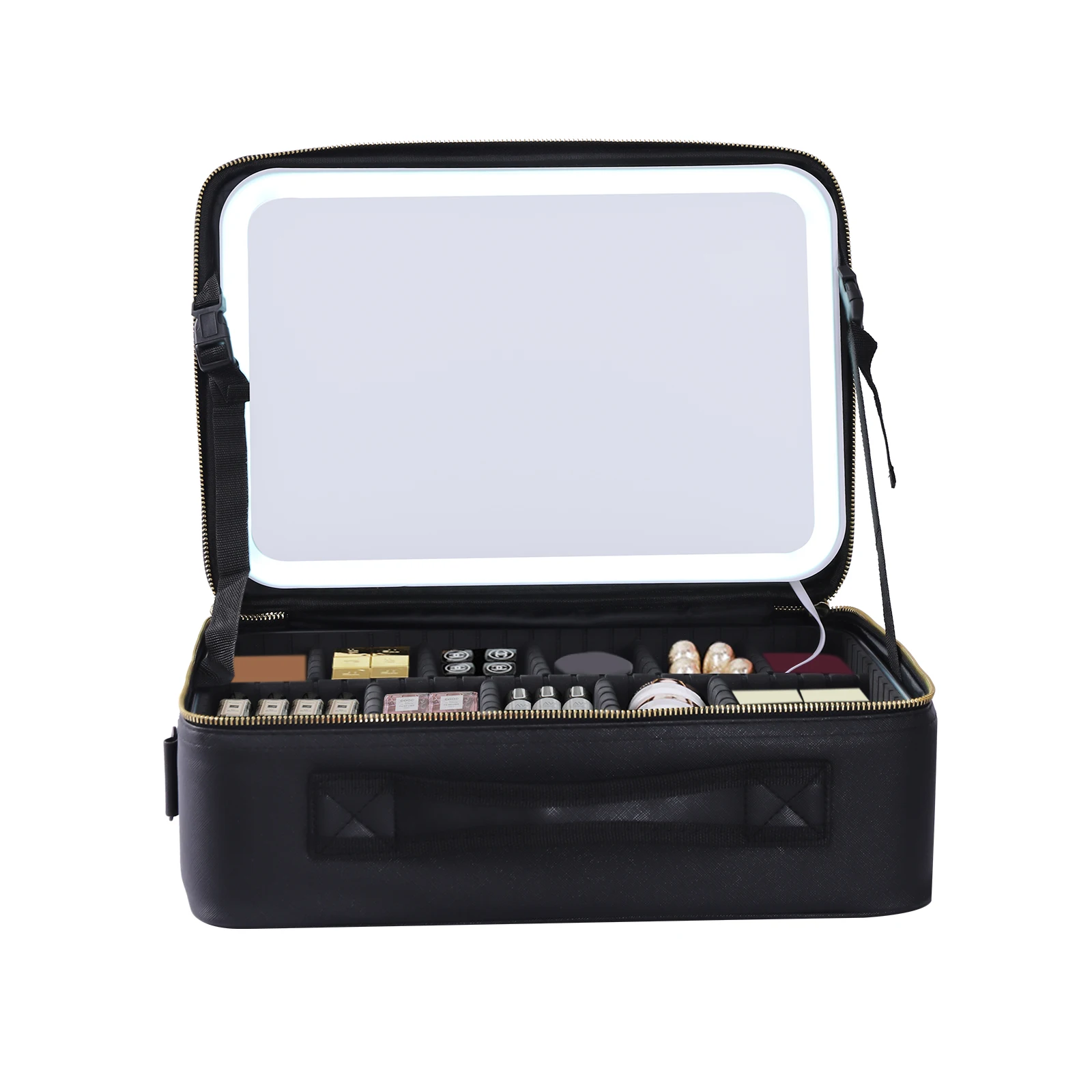 Black/Pink Large Smart LED Cosmetic Case with Mirror - Portable Travel Makeup Bag