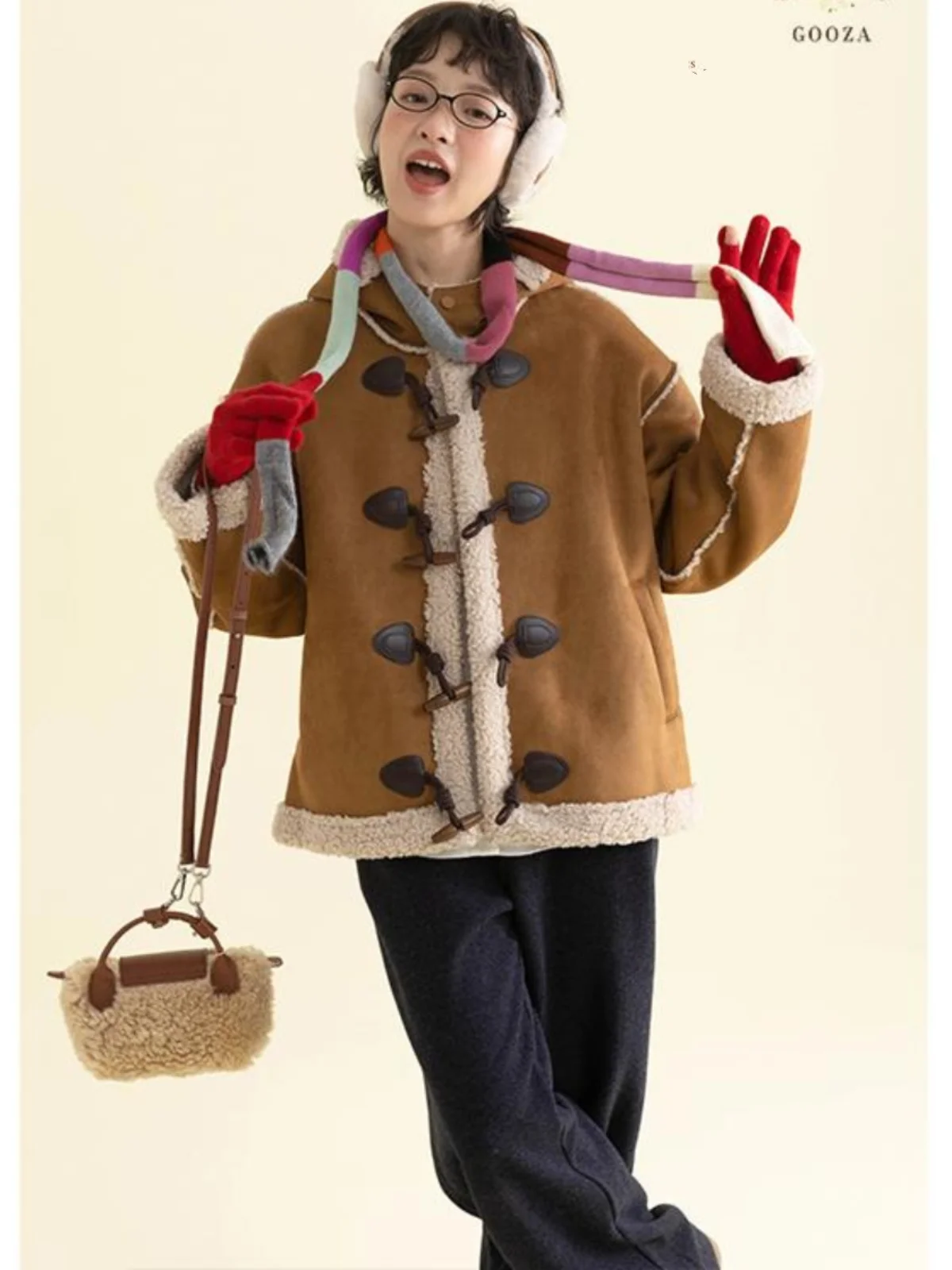 

Warm Lamb Fur Suede Horn Button Hooded Cotton Jaet Outerwear Thiened Winter Coat Straight Leg Length Sve Regular Fit