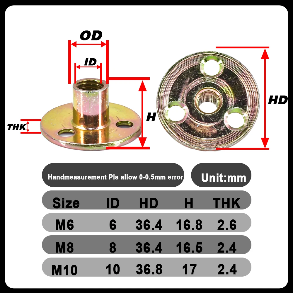 3PCS Iron Plate Lock Nuts Sofa Foot Lock Galvanized Three-hole Nut Flange Coupling Thread Zinc Plat Furniture Fastener M6 M8 M10