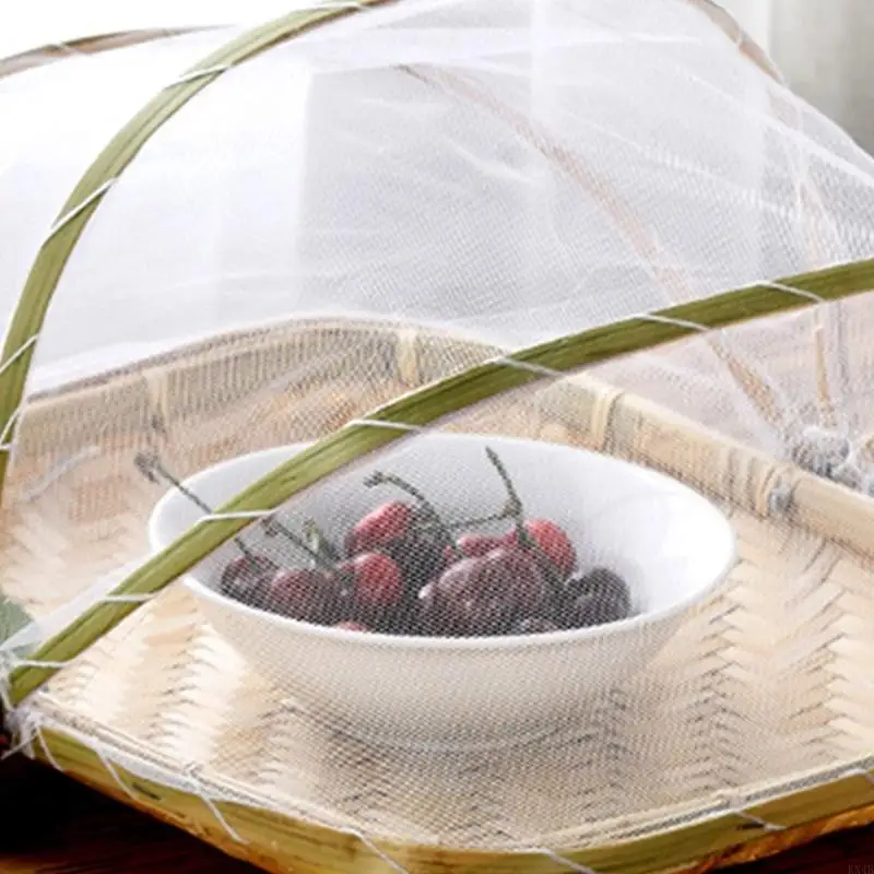 KX4B Handmade Tre Đan Giỏ Rau Quả Có Lưới Chống Muỗi Vòng Chống Bụi Len Dã Ngoại Khay Đựng Thực Phẩm Bánh Mì Với