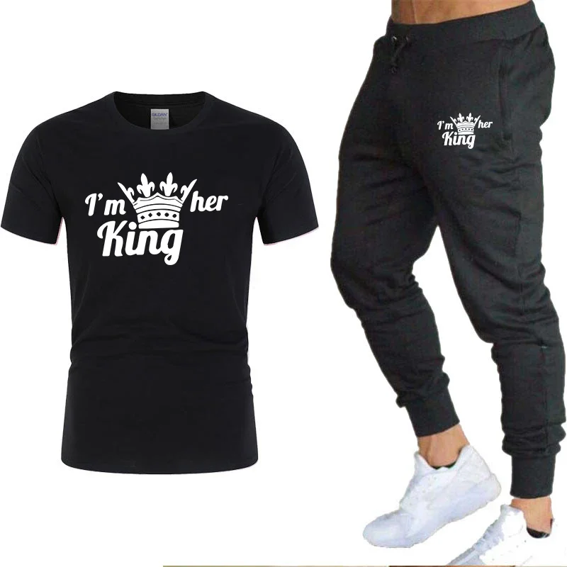 Summer Men's Cotton T-shirt Short Sleeved Top + Black Pants Outfits Casual SportsTwo-Piece Set Fashionable Comfortable Clothing