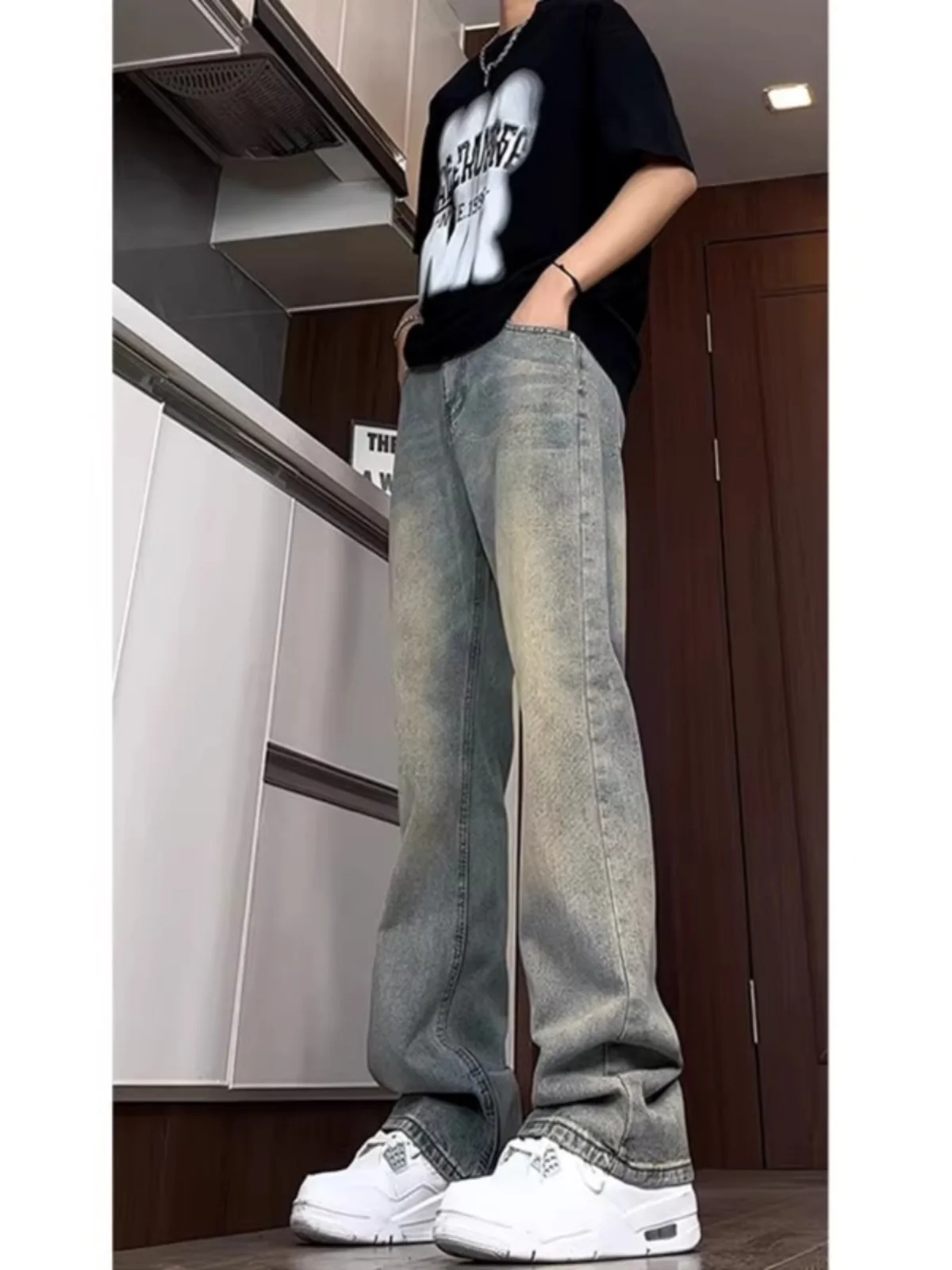 

Retro American Blue Jeans Men's Summer Trendy Brand Waed Micro Flared High Street Haome OOTD Straight Leg Pants