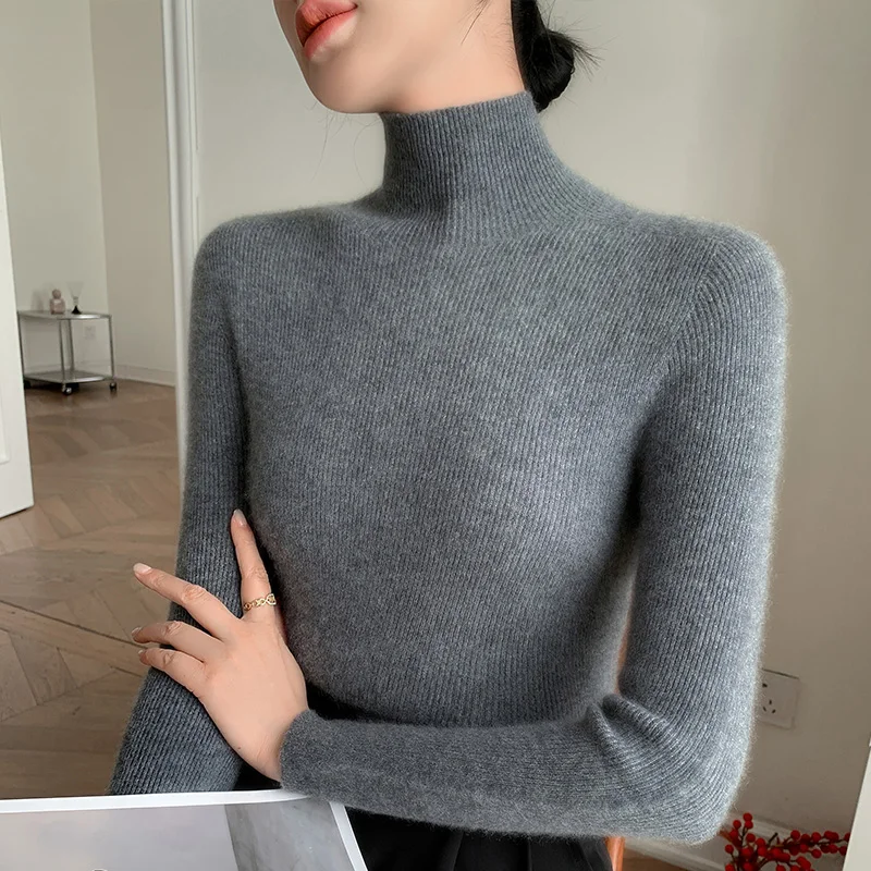 Suéter básico de Cachemira para mujer, jersey de cuello alto de lana merina, suave y delgado tejido de punto, novedad de otoño e invierno, 100%