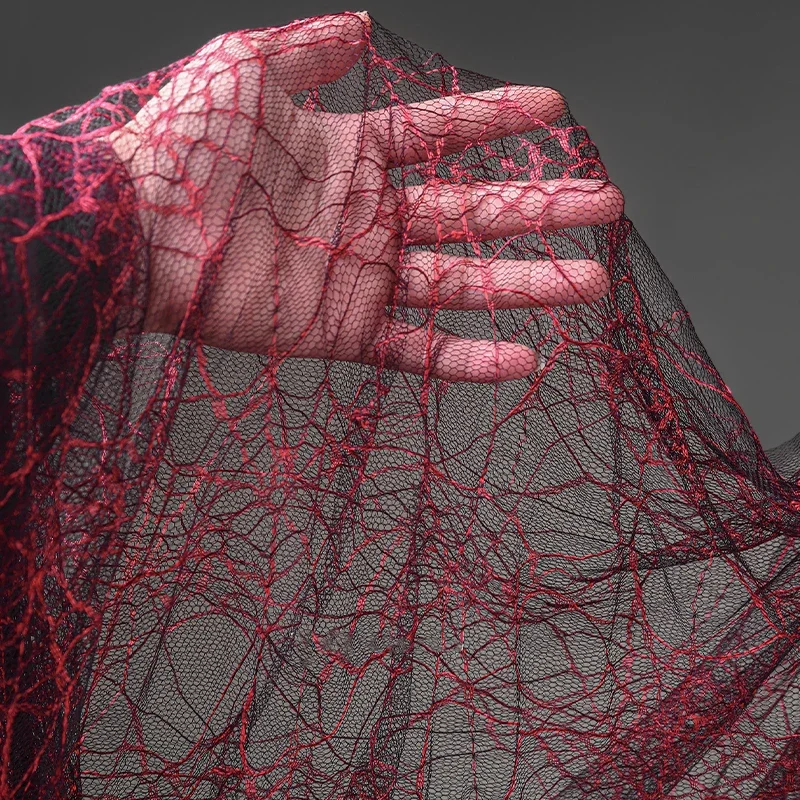 

100cm Black and Red Spiderweb Textured Sheer Lace Fabric Creative See-Through Mesh Fabric for DIY Stage Costumes and Photography