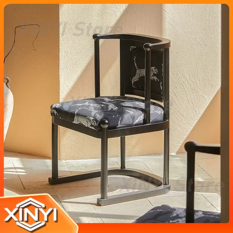 Light Luxury Large Apartment Leopard Jacquard Solid Wood Dining Chair for Home Retro Armrest Backrest Chair for Leopard