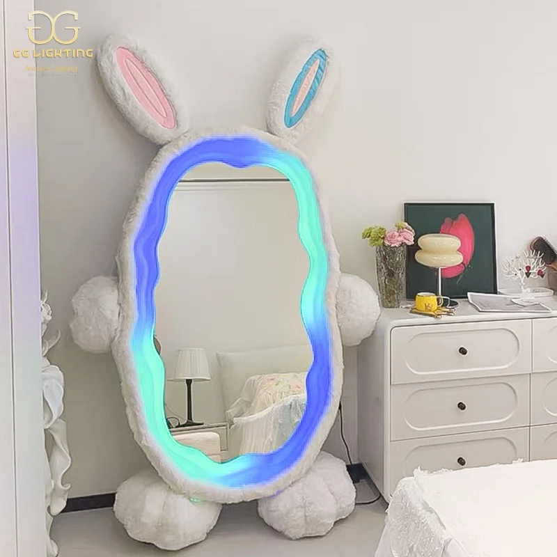 

Large Fluffy Rabbit Full Body Mirror with Color Light Emitting Diode