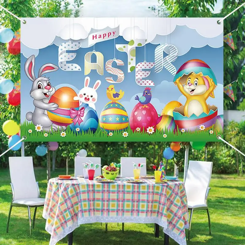 Happy Easter Backdrop 180x110cm Spring Easter Photography Banner Cloth With Bunny And Eggs Pattern Easter Photo Background
