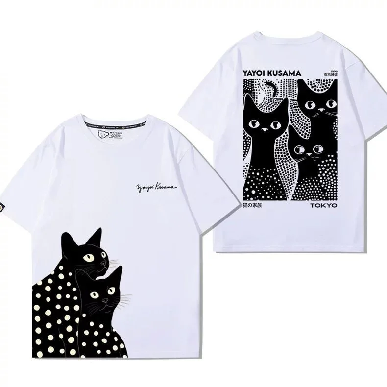 Yayoi Kusama Cats T shirt for Women 95% Cotton Printed Abstract Art T-shirt Loose Short Sleeves Summer Tee Streetwear Tops