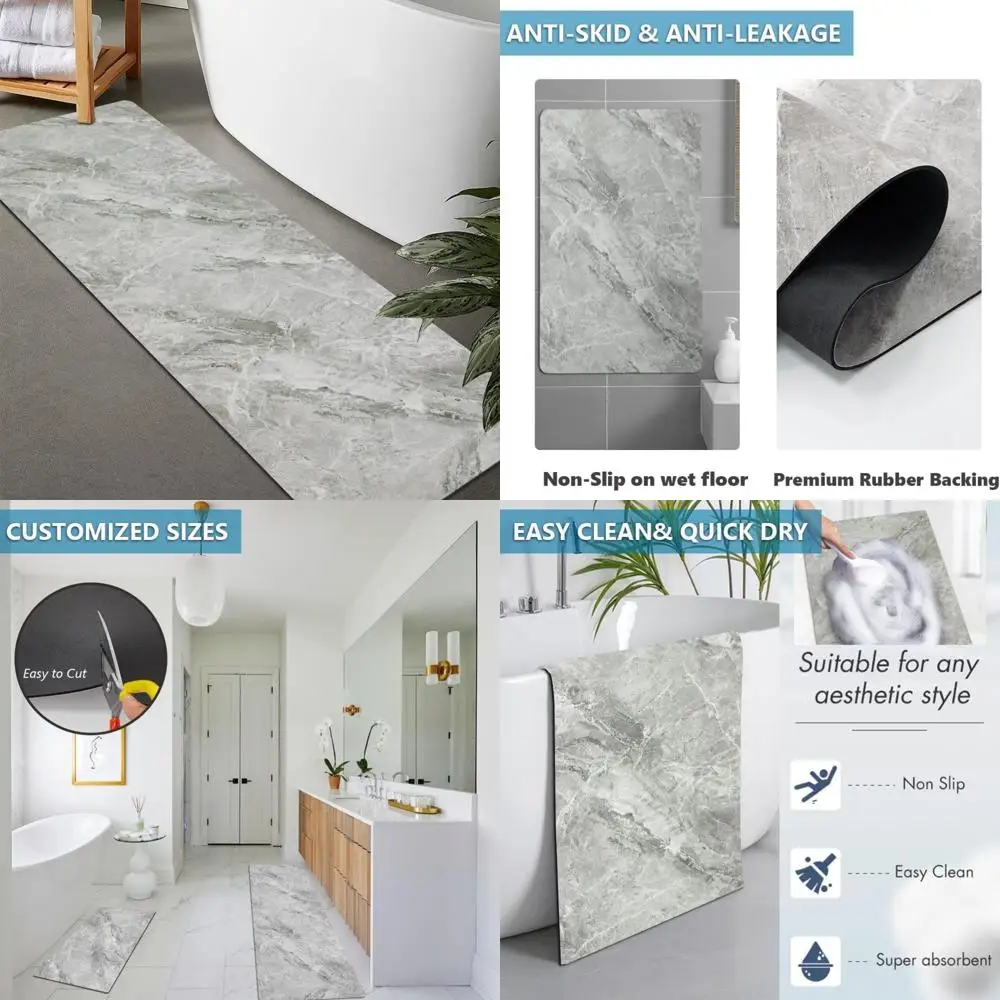 

custom-sized rubber non-slip, quick-drying, super absorbent thin bath rugs - washable mats for bathroom floors