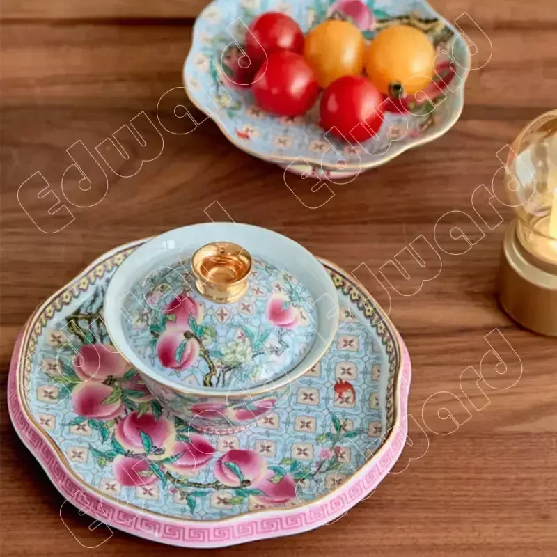 Dinner Plate Classic Pattern Ceramic Plates Brocade Ground Lace Ceramic Pot Tea Set Household Use Small Tray Enamel Color Plates