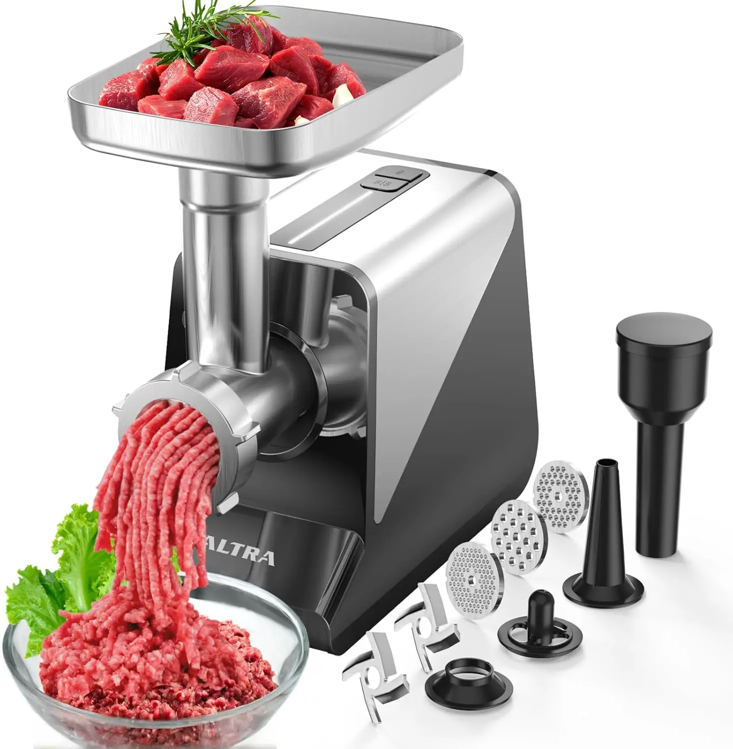 

# Электрическая мясорубка 8-й серии, [макс. 3200 Вт], для интенсивного использования, с насадкой для колбас, 2 лезвиями из нержавеющей стали и 3 дисками для измельчения, трубка для колбас