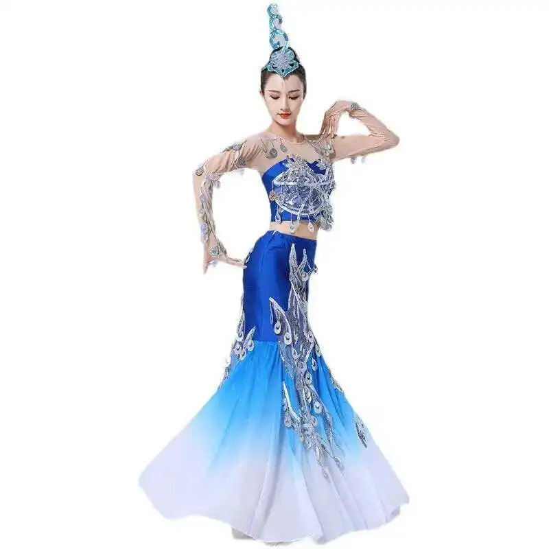 فستان راقص تقليدي داي عرقي زي رقص فستان راقص الطاووس بدلة أداء تنورة ترتر رملية متدفقة فستان بافان