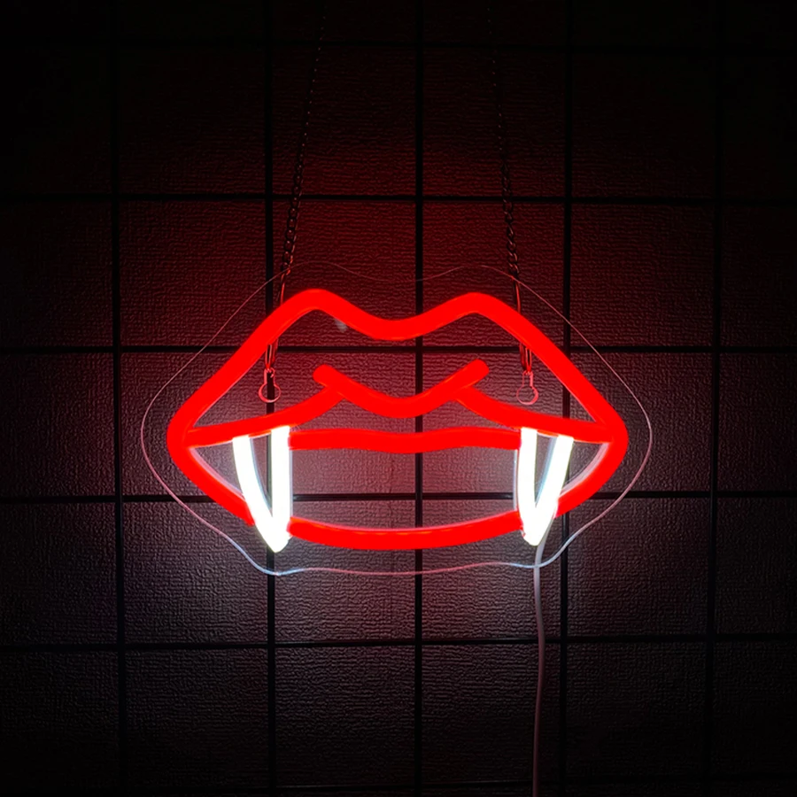 Vampire Fangs Lip Neon Sign Halloween Decorations Horror Theme LED Light Up Sign Wall Decor for Man Cave, Party, Birthday Gift