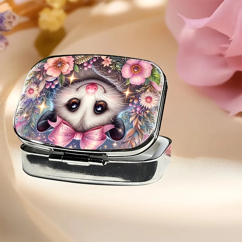 1 Floral Metal Sequin Cute Cartoon Bow Animal Square Pill Box, Mini Pill Box with 2 Compartments, Pill Storage Box, Portable Home Storage Box, Travel Essential, Stylish and Compact, Suitable for Wallets