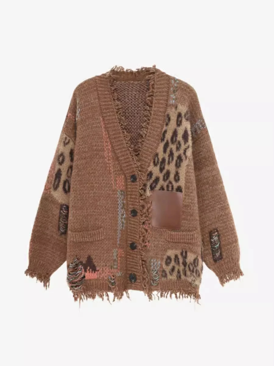 불규칙한 스플라이싱 프레이드 니트 오픈 가디건 여성용 봄 신상 유니크하고 매우 아름다운 스웨터 코트 트렌디한 브이넥 롱 스웨터