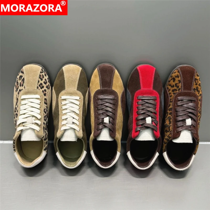 

MORAZORA 5 Colors Cow Suede Leather Women Sneakers Lace Up Leopard Mixed Color Flat Sneakers Spring Autumn Casual Shoes Footwear