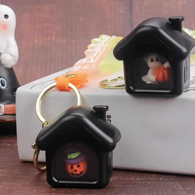 Couples Keychain Cartoon Black House Pendant Unique Halloween Backpack Decoration Hangings Ornament With Light For Bag Car Key