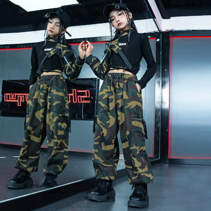 Mädchen Hip Hop Sweatshirt Manschette Camouflage Cargo Hosen Outfits Kinder Jogger Street Dance Kinder Streetwear Kostüm