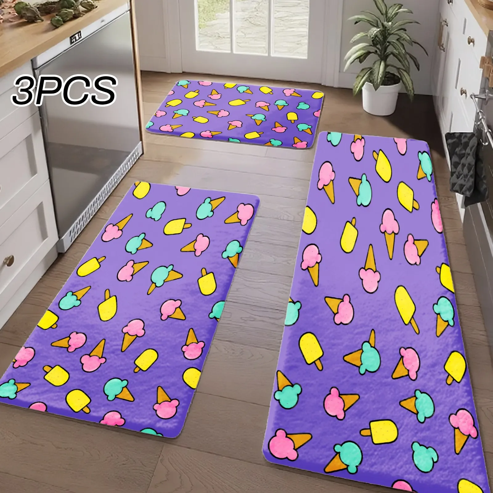 3PCS Kitchen Rugs,Home Decoration for Front Door, Kitchen, Bathroom, Colorful Ice Cream Pattern On Purple Background Dining Mat