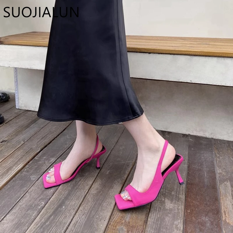 SUOJIALUN 2024 Summer New Brand Women Sandal Fashion Square Toe Shallow Ladies Elegant Slides Thin High Heel Outdoor Dress Pumps