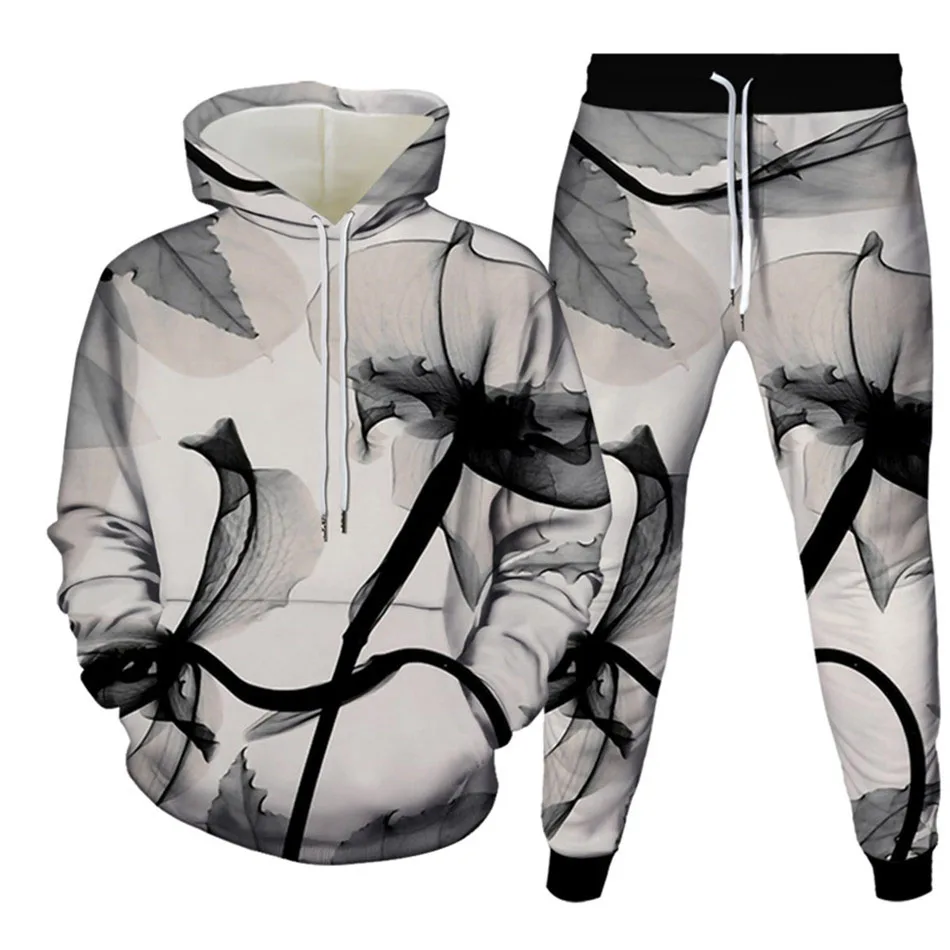 Conjunto de chándal de dos piezas para hombre, Sudadera con capucha y estampado 3D de girasol, planta, hoja, hierba, moda