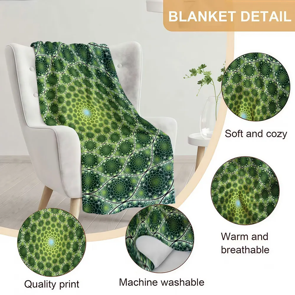 green fractal mandala Soft Warm Flannel Blanket Lightweight Cozy Christmas Halloween Home Decor Room