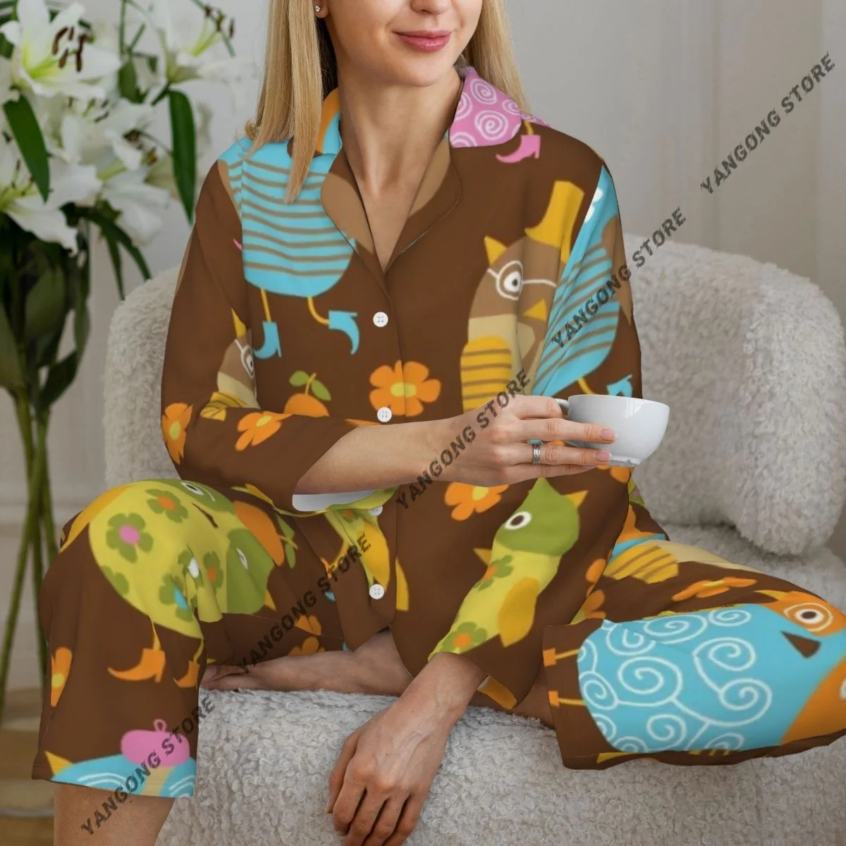 

Весенне-осенние брюки с длинными рукавами, пижамный комплект одежды для дома, женский свободный спальный костюм с цветным узором совы