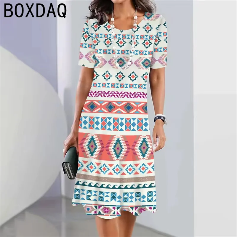 3D Art Geometric Pattern Print Dress Vintage Elegant A-line Dress Big Size 3XL Female Short Sleeve O-Neck Casual Dress Vestidos