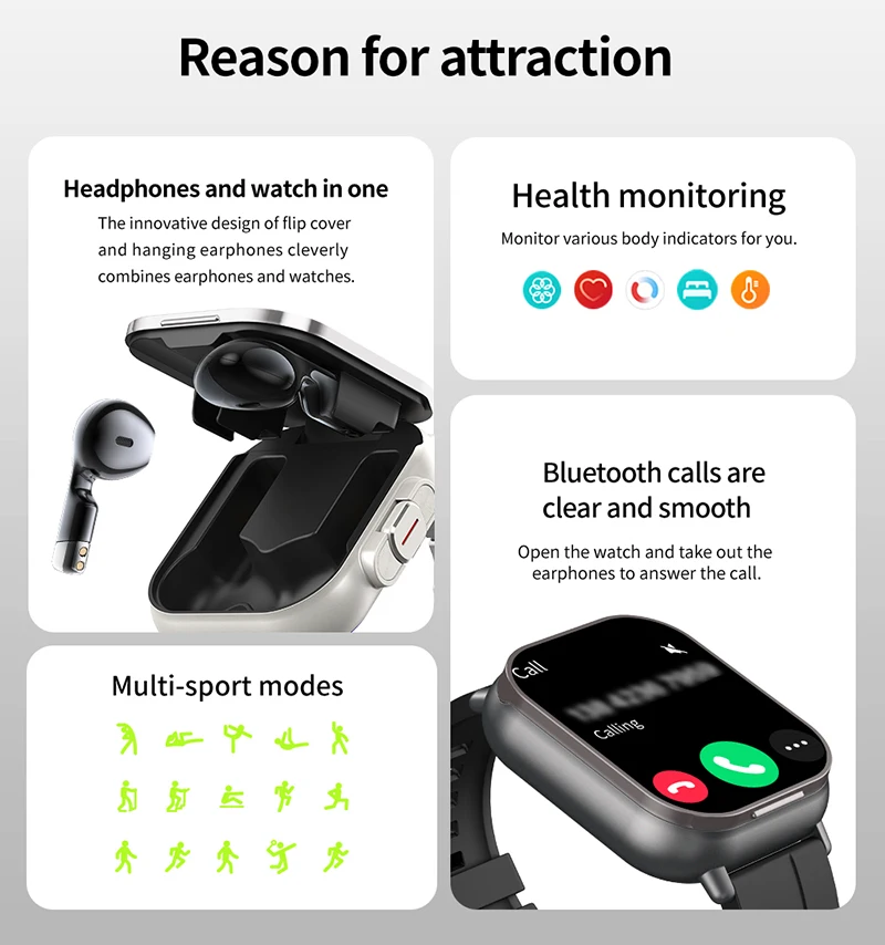 2024 New Smartwatch Earbuds 2 in 1 Wireless Bluetooth TWS Earphones Headset Call Waterproof Blood Pressure Sports Men Women Gift